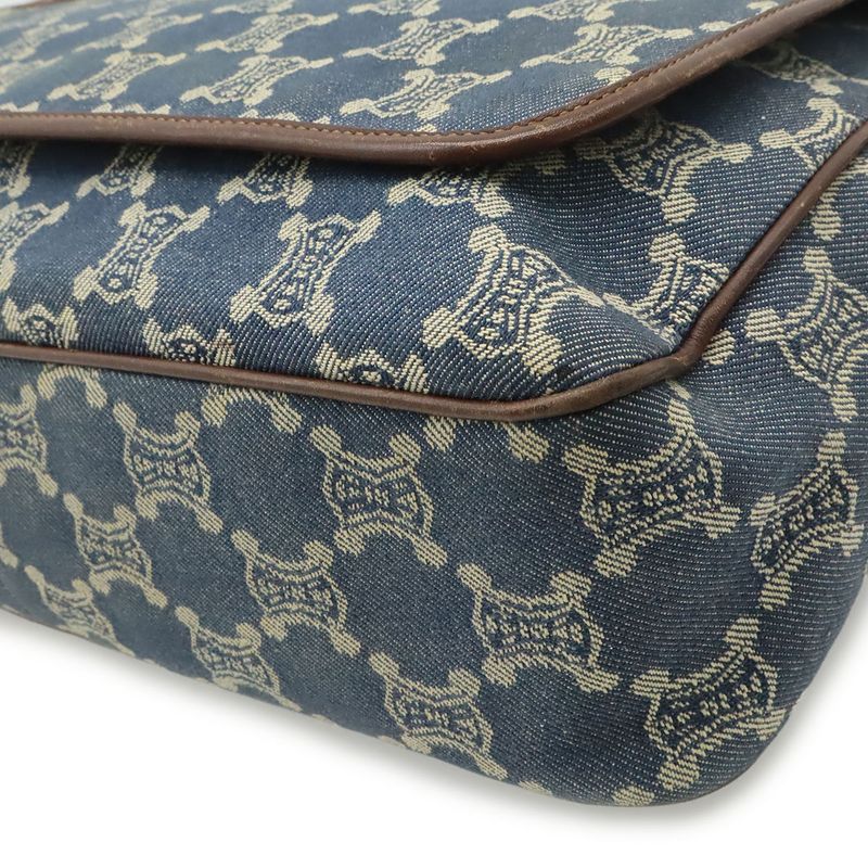 Celine Paris Macadam Shoulder Bag Denim Canvas Blue Brown Gold Pouch