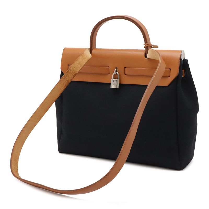 Hermes Herbag PM 2-Way Shoulder Bag Toile Officier GM Black Beige