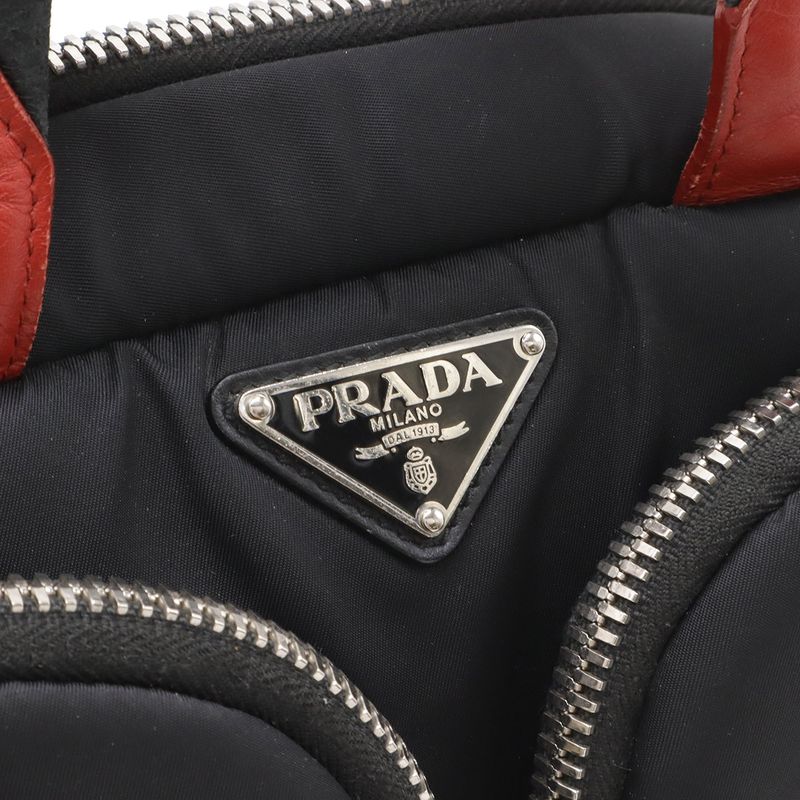 Prada Triangle Logo Mini Boston 2-Way Shoulder Bag Nylon Nero Black Red