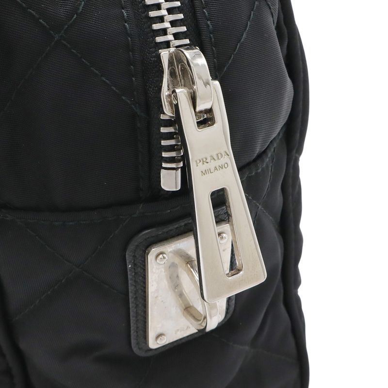 Prada Triangle Logo Chain Shoulder Bag Quilted Nylon Nero Black Silver