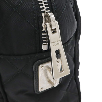 Prada Triangle Logo Chain Shoulder Bag Quilted Nylon Nero Black Silver