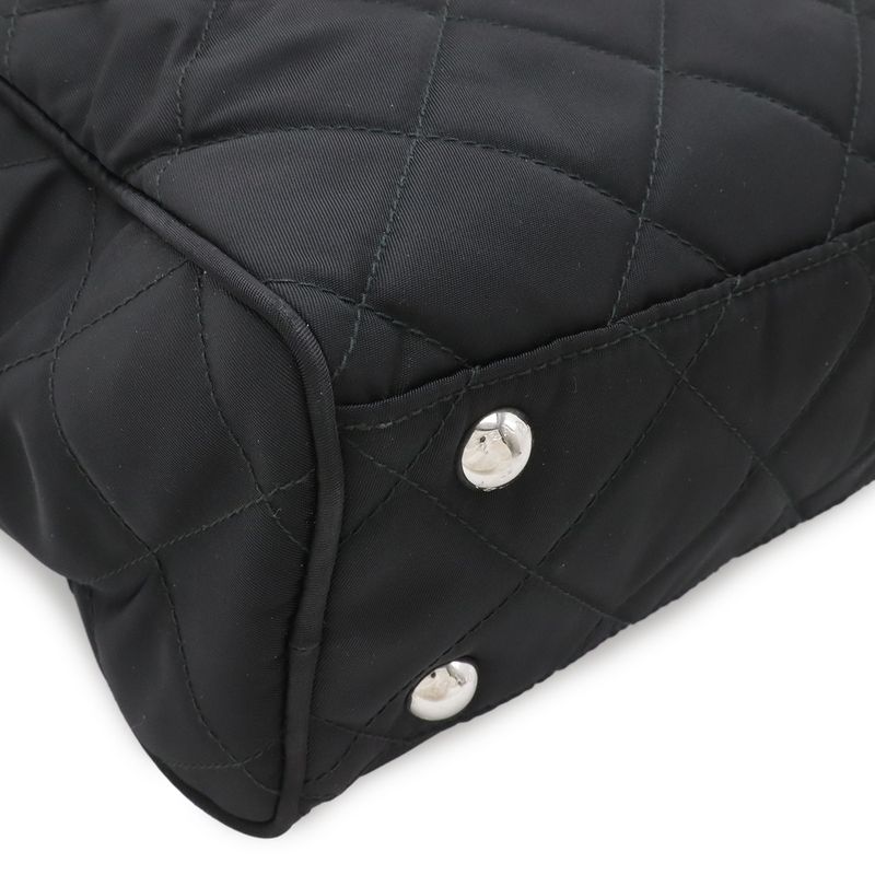 Prada Triangle Logo Chain Shoulder Bag Quilted Nylon Nero Black Silver
