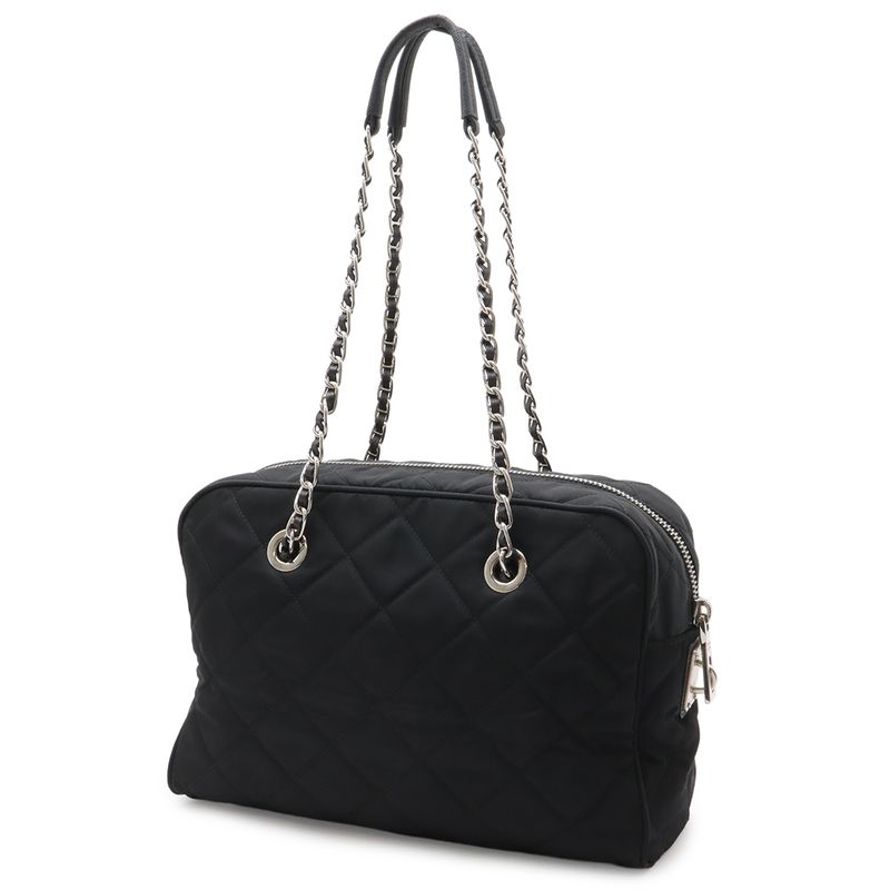 Prada Triangle Logo Chain Shoulder Bag Quilted Nylon Nero Black Silver
