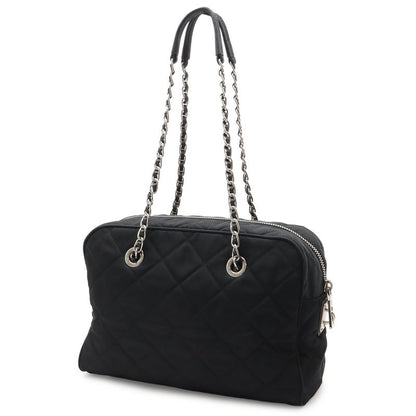 Prada Triangle Logo Chain Shoulder Bag Quilted Nylon Nero Black Silver