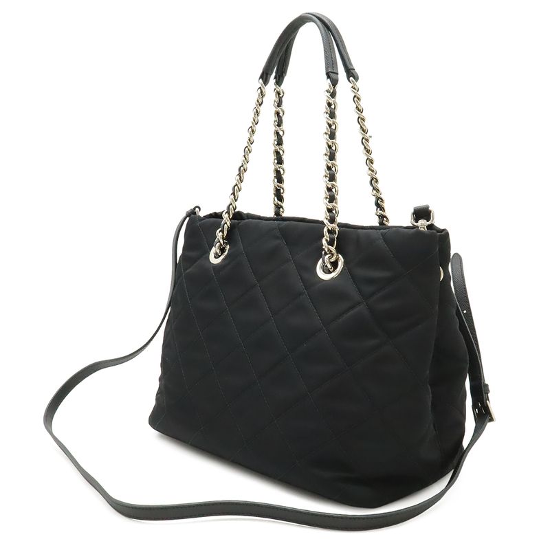 Prada Tessuto Triangle Logo Chain Shoulder Bag 2-Way Quilted Nylon Nero Black