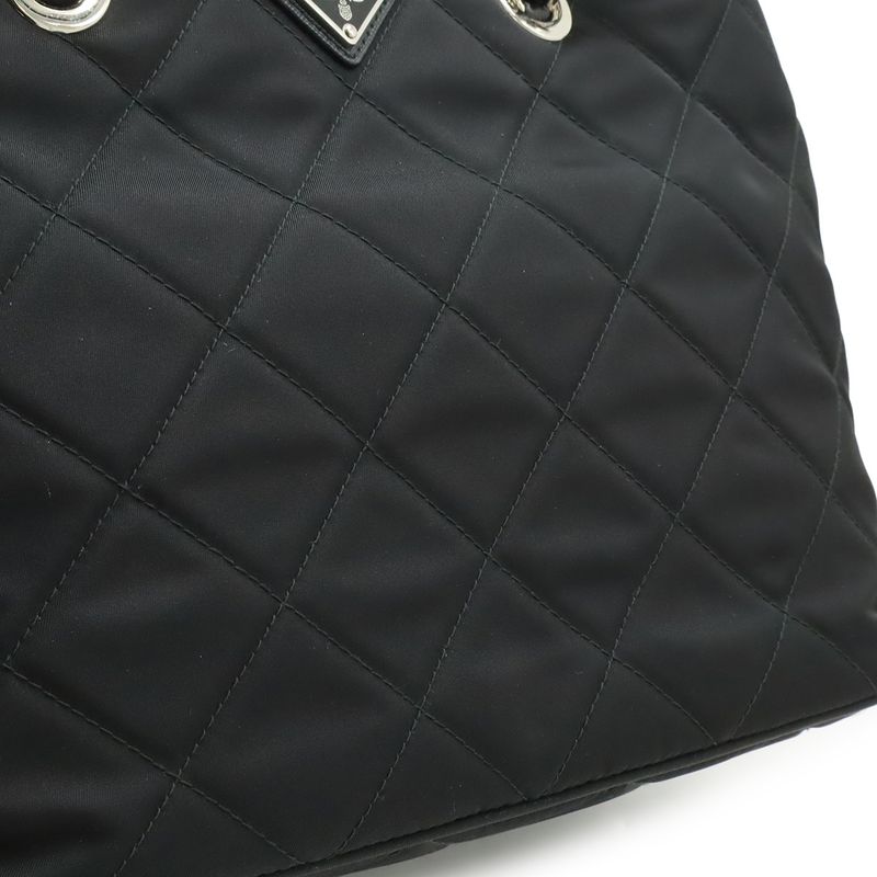 Prada Tessuto Triangle Logo Chain Shoulder Bag 2-Way Quilted Nylon Nero Black