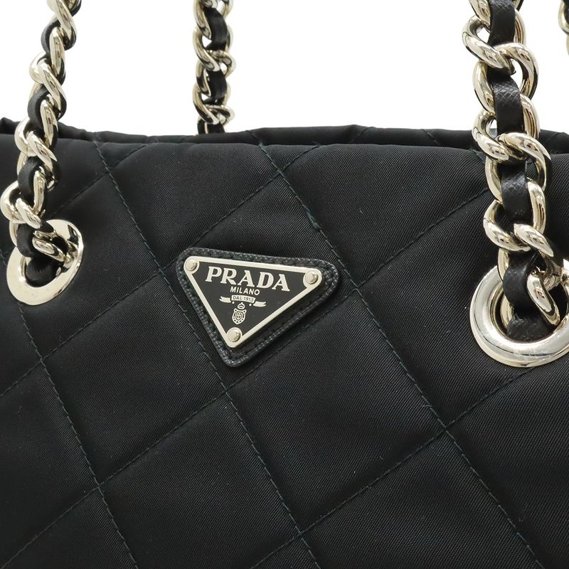 Prada Tessuto Triangle Logo Chain Shoulder Bag 2-Way Quilted Nylon Nero Black