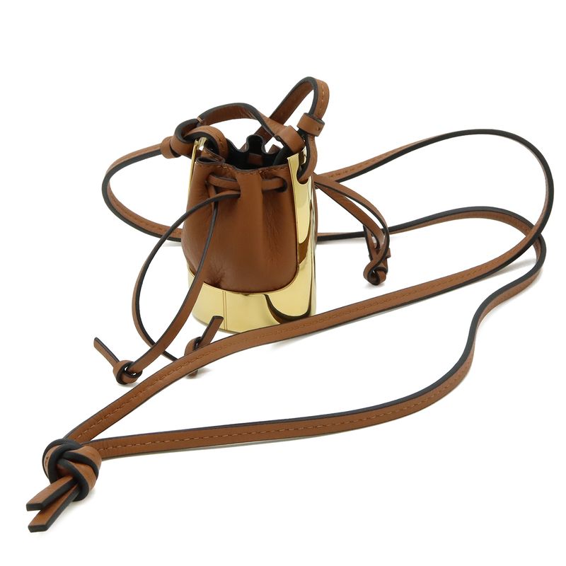 Loewe Balloon Necklace Pendant Motif Mini Bag Drawstring Leather Brown Gold