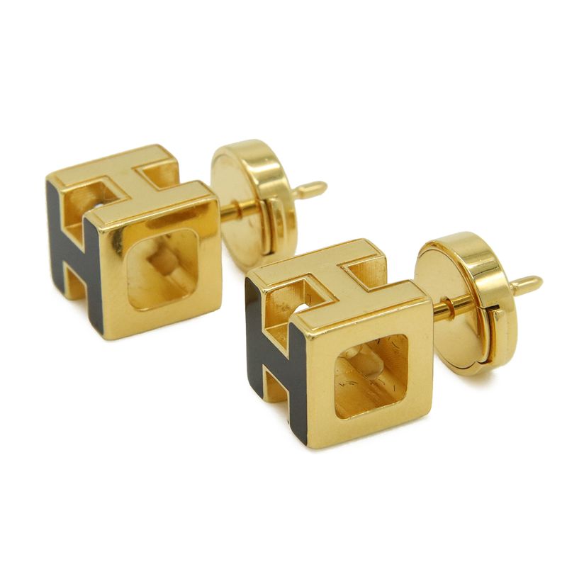 Hermes Cage Ash Cube Hlogo Earrings Black Gold
