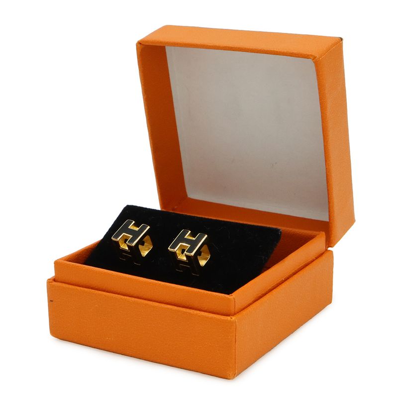 Hermes Cage Ash Cube Hlogo Earrings Black Gold