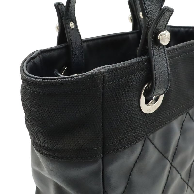 Chanel Paris Biarritz Tote PM Shoulder Bag Leather Black Silver
