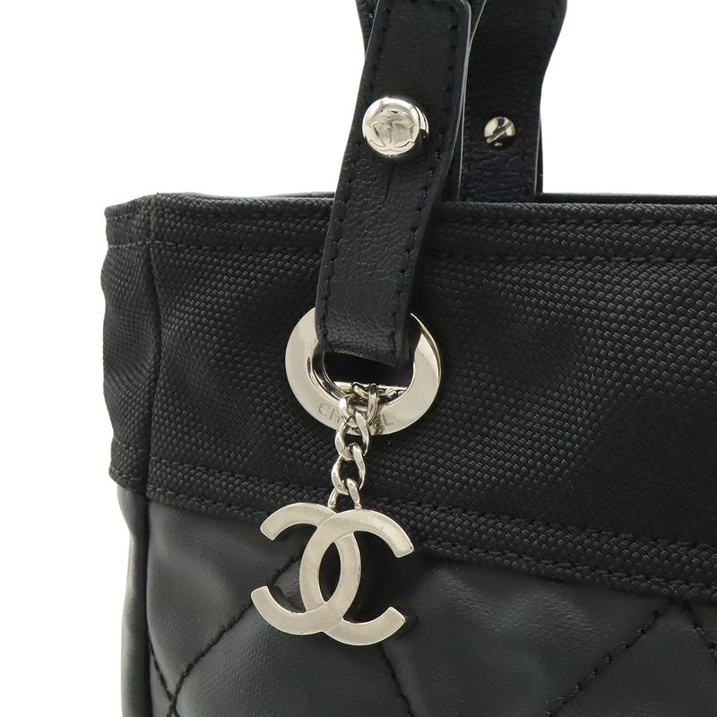 Chanel Paris Biarritz Tote PM Shoulder Bag Leather Black Silver