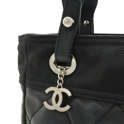 Chanel Paris Biarritz Tote PM Shoulder Bag Leather Black Silver
