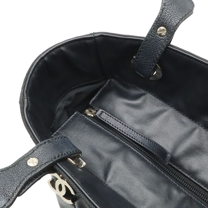 Chanel Paris Biarritz Tote PM Shoulder Bag Leather Black Silver