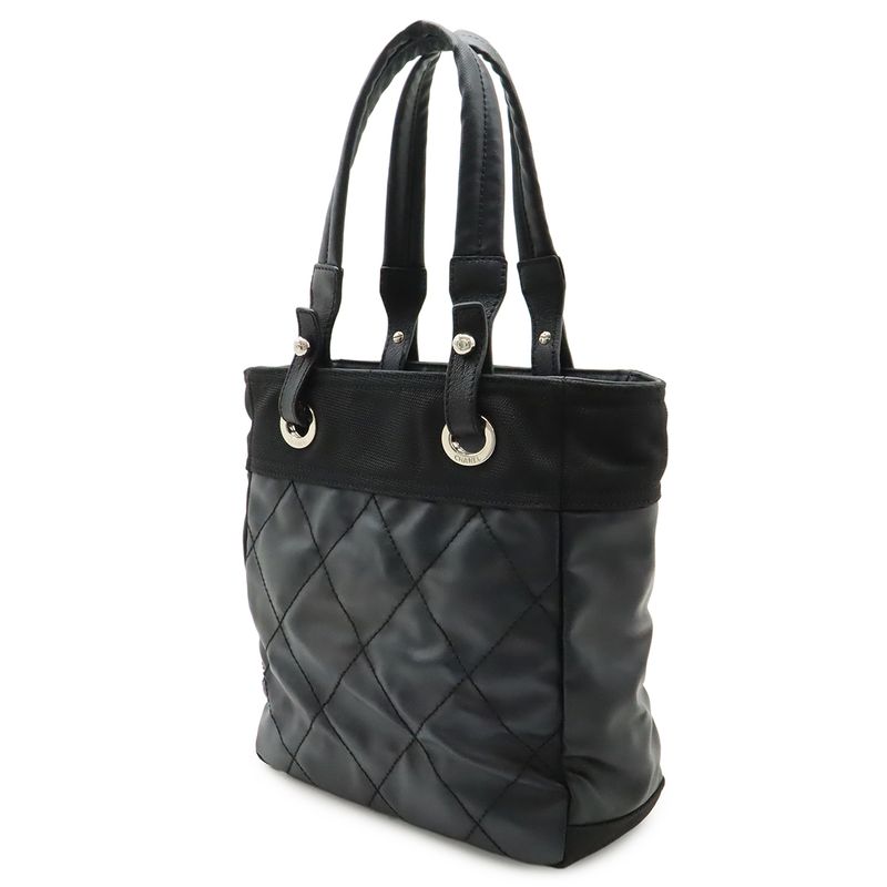 Chanel Paris Biarritz Tote PM Shoulder Bag Leather Black Silver