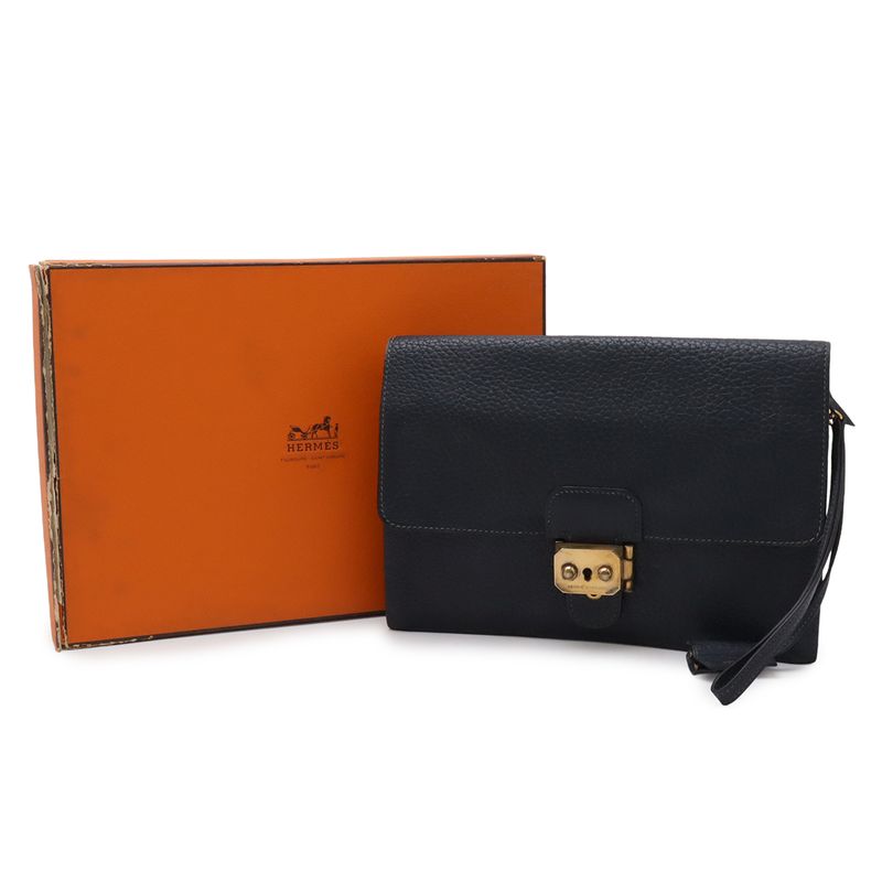 Hermes Pochette Jet Clutch Business Fjord Leather Navy Gold