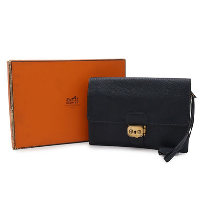 Hermes Pochette Jet Clutch Business Fjord Leather Navy Gold