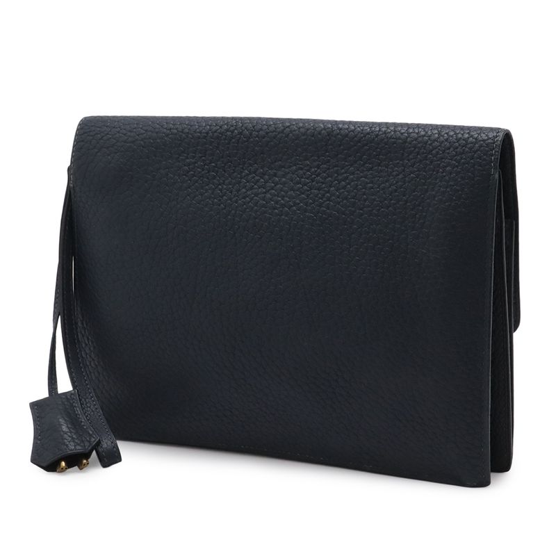 Hermes Pochette Jet Clutch Business Fjord Leather Navy Gold