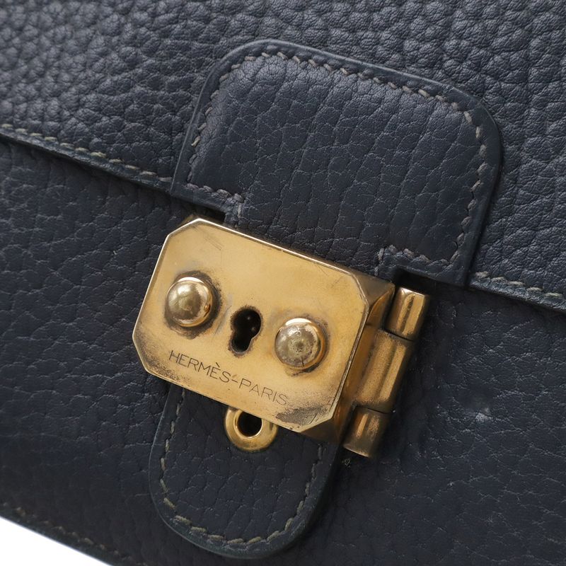 Hermes Pochette Jet Clutch Business Fjord Leather Navy Gold