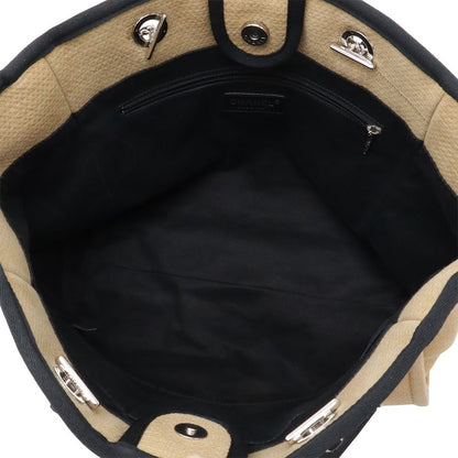Chanel Deauville Line Tote MM Shoulder Bag Chain Canvas Leather Beige Black