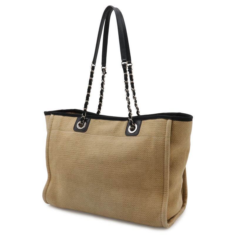 Chanel Deauville Line Tote MM Shoulder Bag Chain Canvas Leather Beige Black