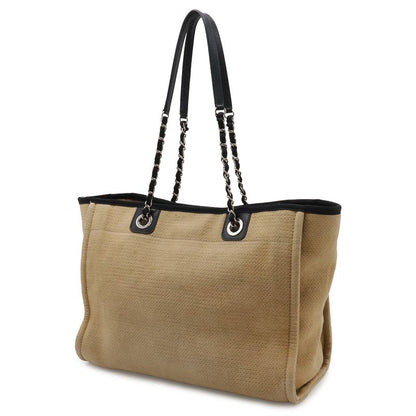 Chanel Deauville Line Tote MM Shoulder Bag Chain Canvas Leather Beige Black