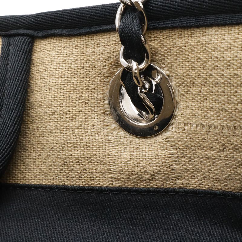 Chanel Deauville Line Tote MM Shoulder Bag Chain Canvas Leather Beige Black