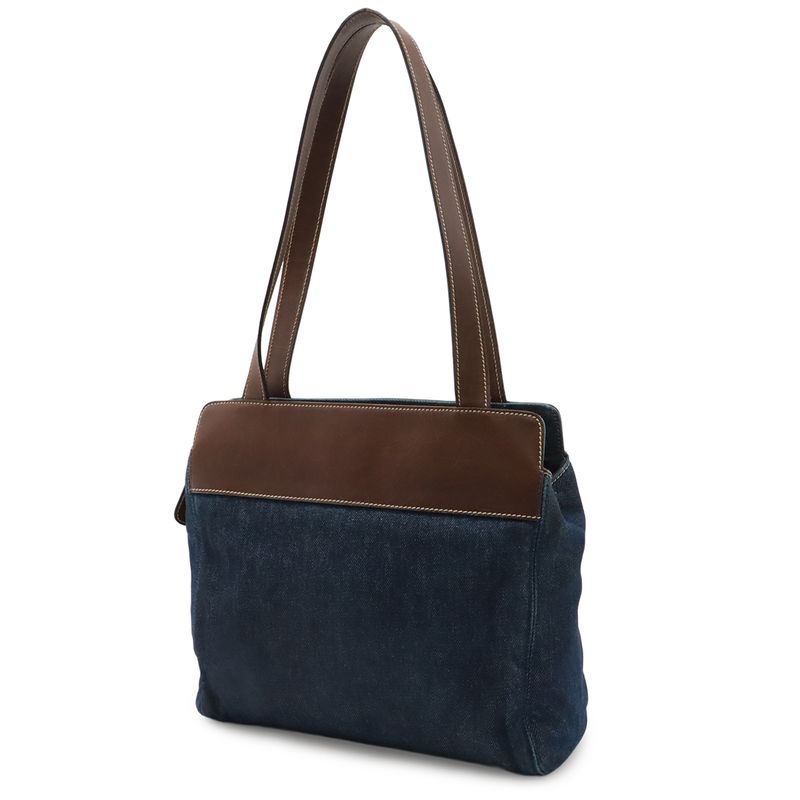 Chanel CC Logo Tote Shoulder Bag Denim Leather Blue Dark Brown