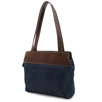 Chanel CC Logo Tote Shoulder Bag Denim Leather Blue Dark Brown