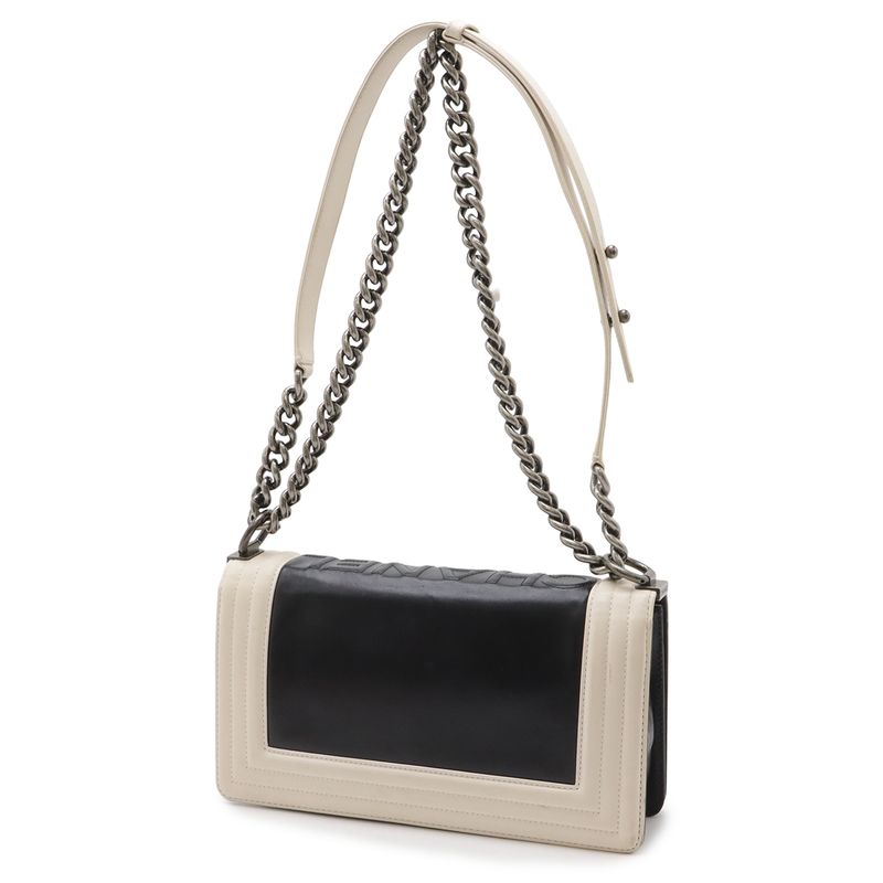 Chanel 25 CC Logo Chain Shoulder Bag Leather Black Ivory Antique Silver