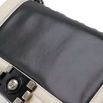 Chanel 25 CC Logo Chain Shoulder Bag Leather Black Ivory Antique Silver