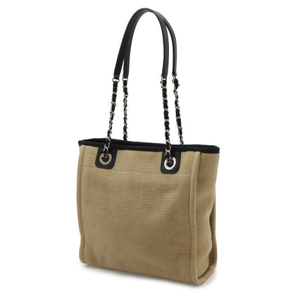 Chanel Deauville Tote PM Shoulder Bag Chain Canvas Leather Beige Silver