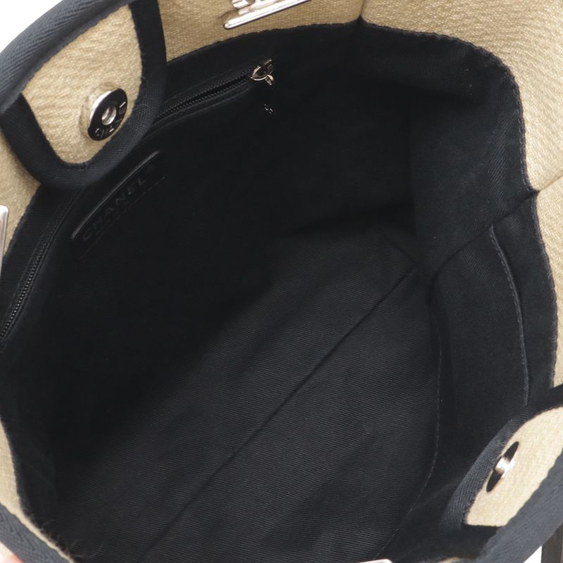 Chanel Deauville Tote PM Shoulder Bag Chain Canvas Leather Beige Silver