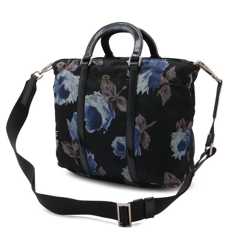 Prada Flower Floral Pattern Rose Tote 2-Way Shoulder Bag Nylon Nero Black Blue