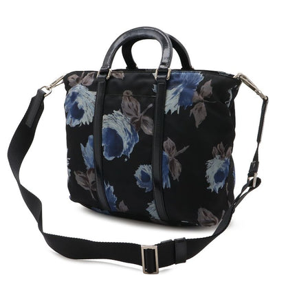 Prada Flower Floral Pattern Rose Tote 2-Way Shoulder Bag Nylon Nero Black Blue