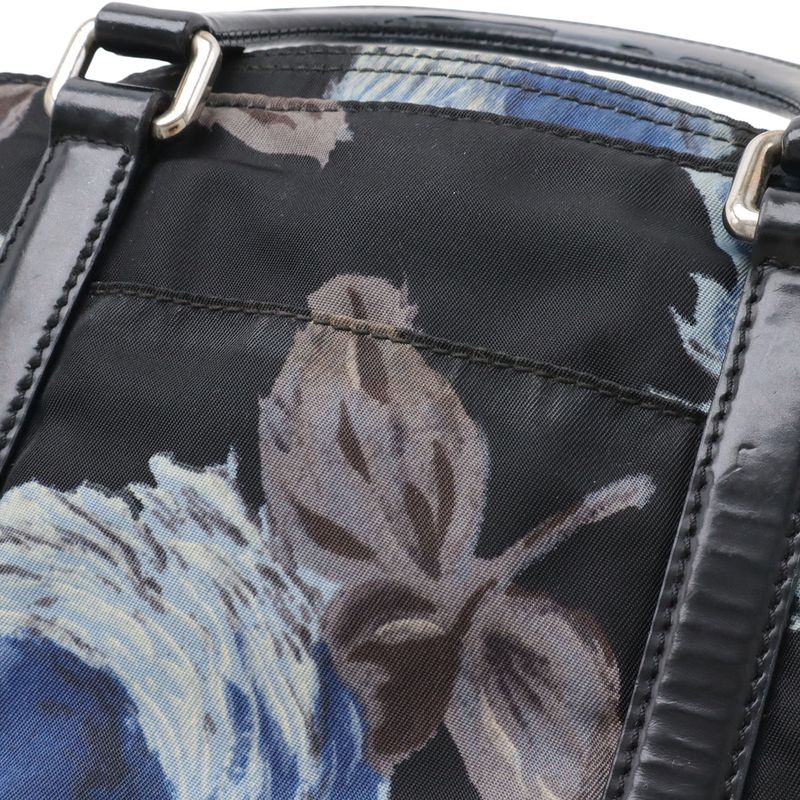 Prada Flower Floral Pattern Rose Tote 2-Way Shoulder Bag Nylon Nero Black Blue