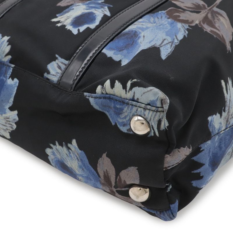 Prada Flower Floral Pattern Rose Tote 2-Way Shoulder Bag Nylon Nero Black Blue