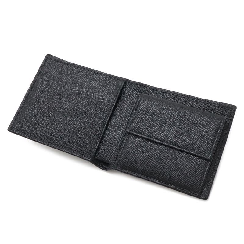 Bvlgari Man Bifold Wallet Grain Leather Black Blue Silver