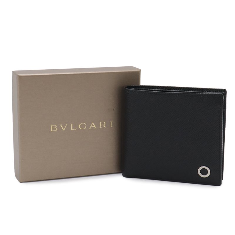 Bvlgari Man Bifold Wallet Grain Leather Black Blue Silver