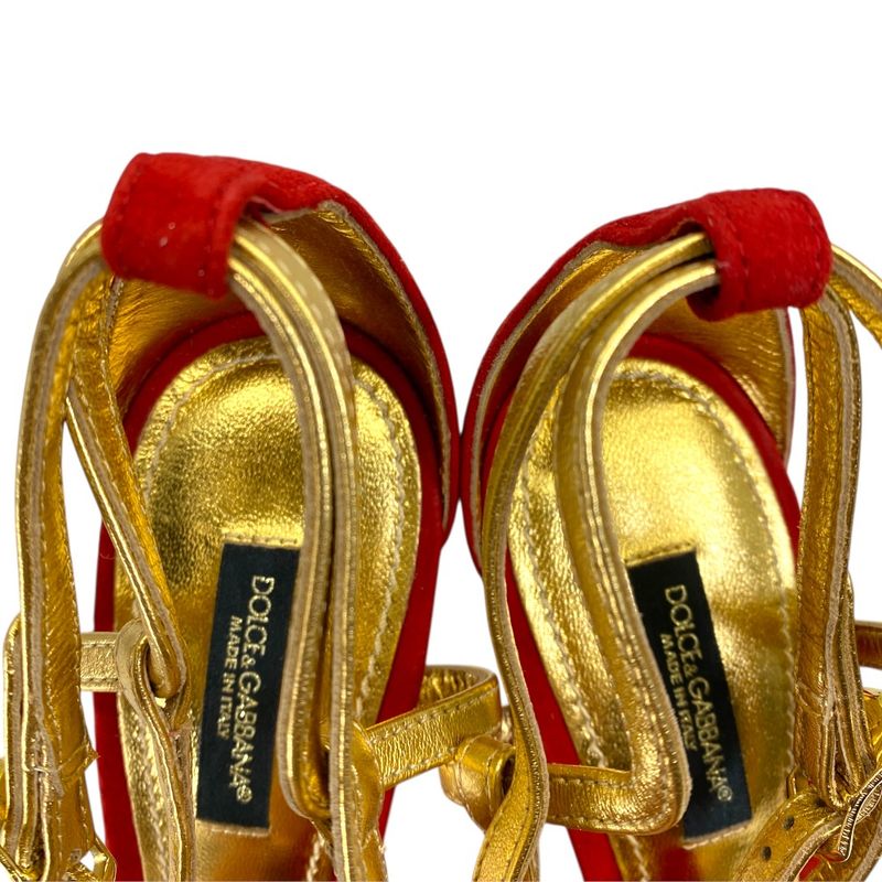 Dolce & Gabbana Heel Sandals Red Gold Suede Leather Classic Sophisticated