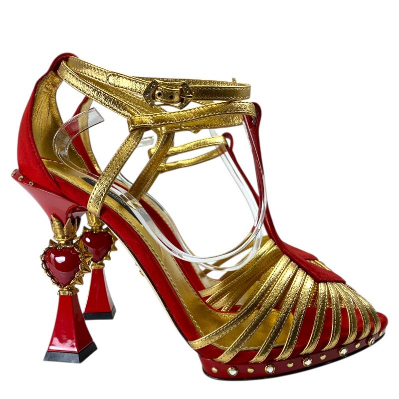 Dolce & Gabbana Heel Sandals Red Gold Suede Leather Classic Sophisticated