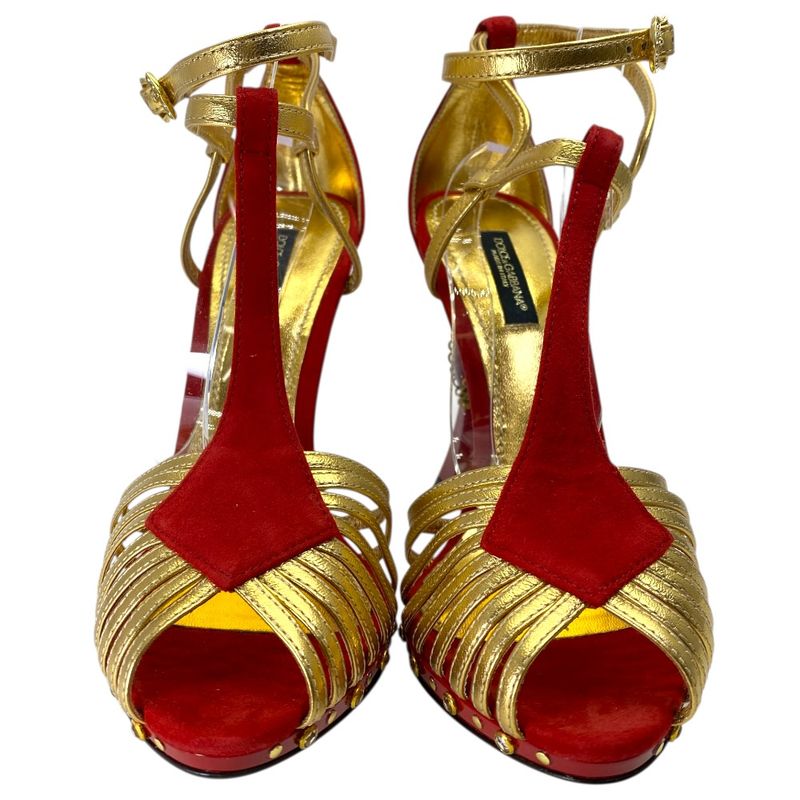 Dolce & Gabbana Heel Sandals Red Gold Suede Leather Classic Sophisticated