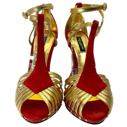 Dolce & Gabbana Heel Sandals Red Gold Suede Leather Classic Sophisticated