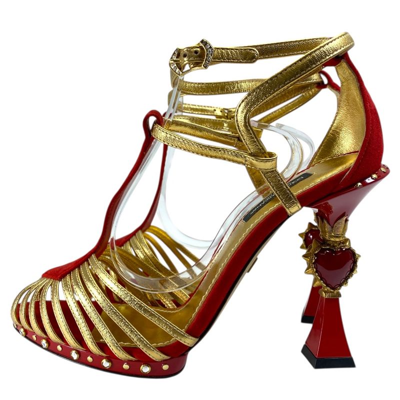 Dolce & Gabbana Heel Sandals Red Gold Suede Leather Classic Sophisticated