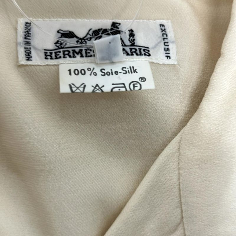 Hermes Long Sleeve Shirt Blouse 38 M Beige Silk Shoulder Pad Hlogo