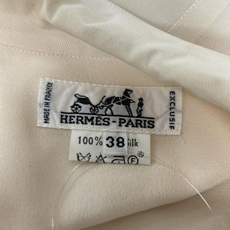 Hermes Long Sleeve Shirt Blouse 38 M Beige Silk Shoulder Pad Hlogo