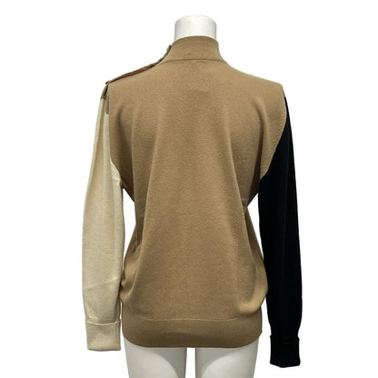 Chanel Long Sleeve Sweater 2 M Light Brown Black Ivory Clover Button Cashmere