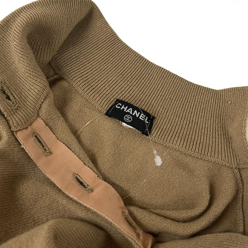 Chanel Long Sleeve Sweater 2 M Light Brown Black Ivory Clover Button Cashmere