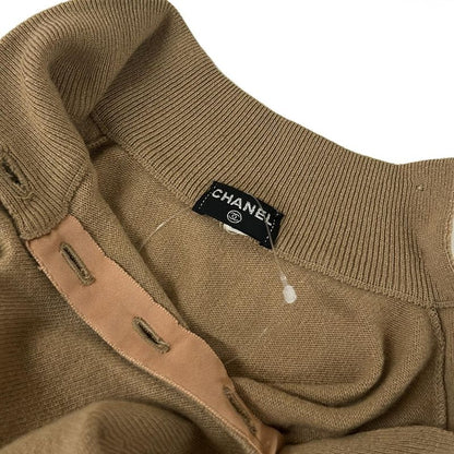 Chanel Long Sleeve Sweater 2 M Light Brown Black Ivory Clover Button Cashmere