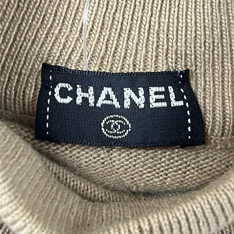 Chanel Long Sleeve Sweater 2 M Light Brown Black Ivory Clover Button Cashmere
